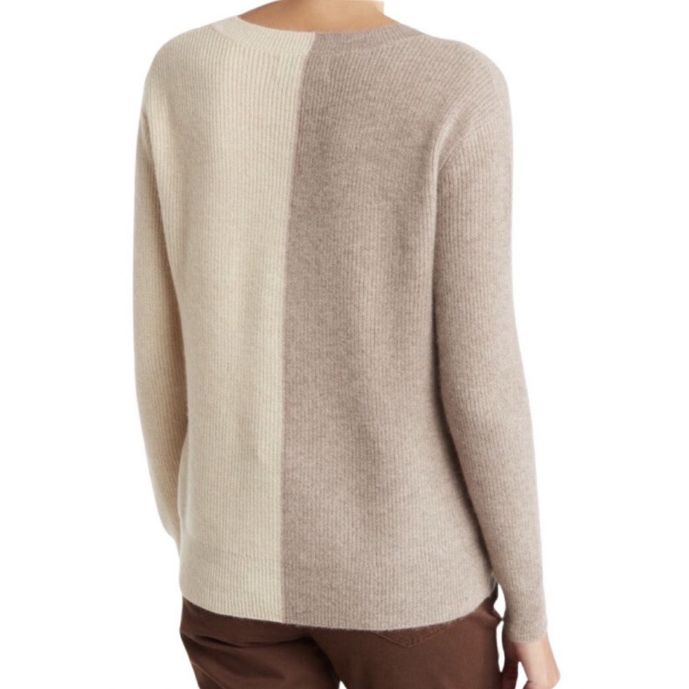 Magaschoni 100% Cashmere V-Neck Colorblock Sweater Knit Womens Sz XL Grey Beige - Picture 11 of 11